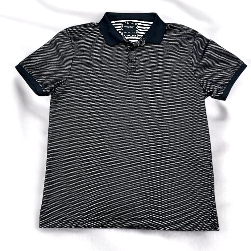 035 DENIM & FLOWER Ricky Singh Polo Shirt Black Micro White Dot Textured -M